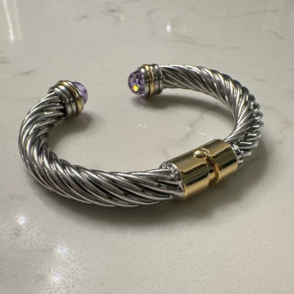 Two Tone Cable Bracelet Hinged Open Cuff with Large Purple Crystals - Picture 4 of 14